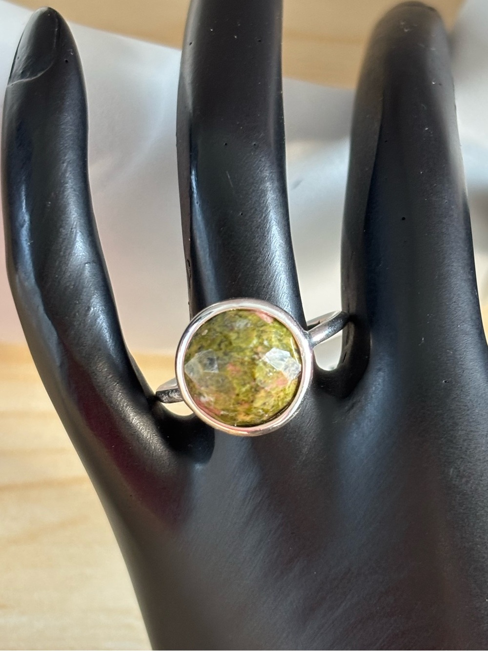 Unakite Bezel Set Ring Sterling Silver over Brass Sz 7